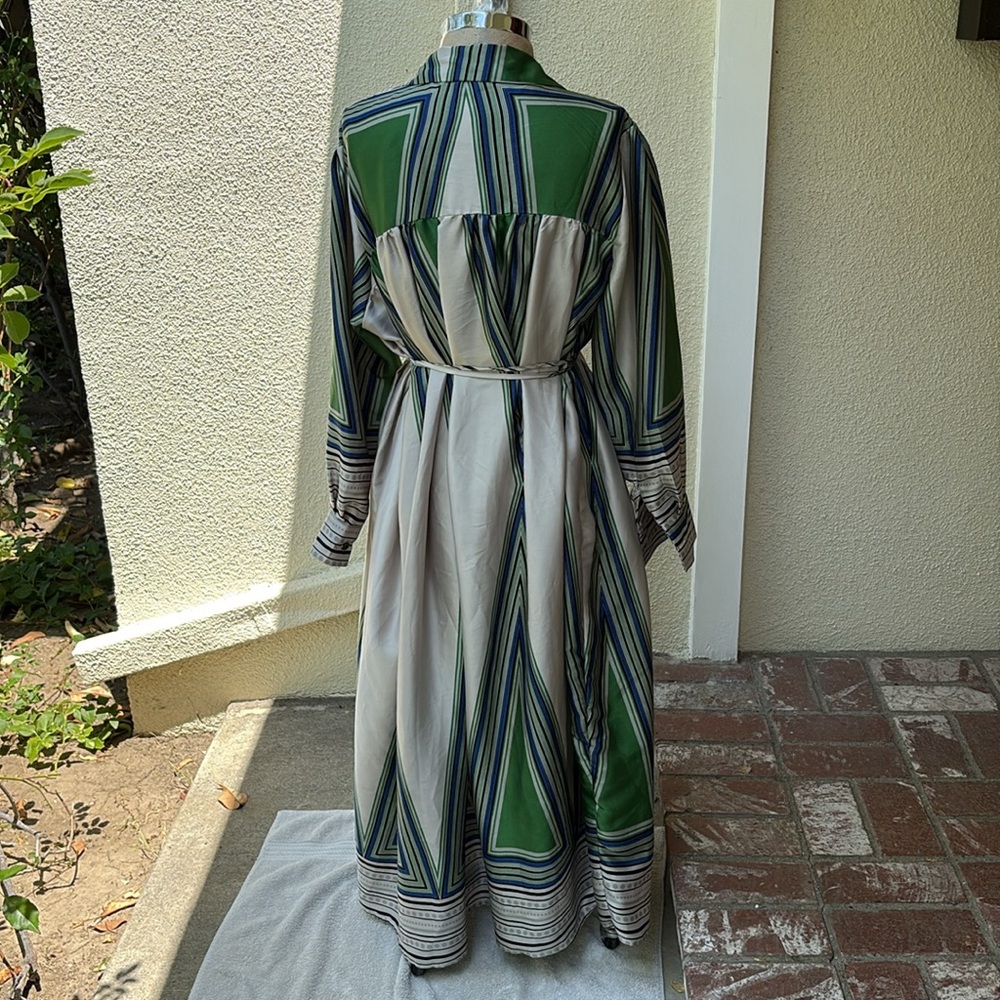 NWOT Beulah luxury brand Striped Green & Blue midi Dress w/ buttons & tie waist - Picture 8 of 13
